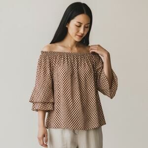 Lascana Bell Sleeve Off Shoulder Top size Small Patterned Rayon Boho Resort Vaca